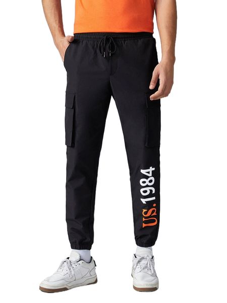 

men letter graphic drawstring waist cargo pants s9bl#, Black