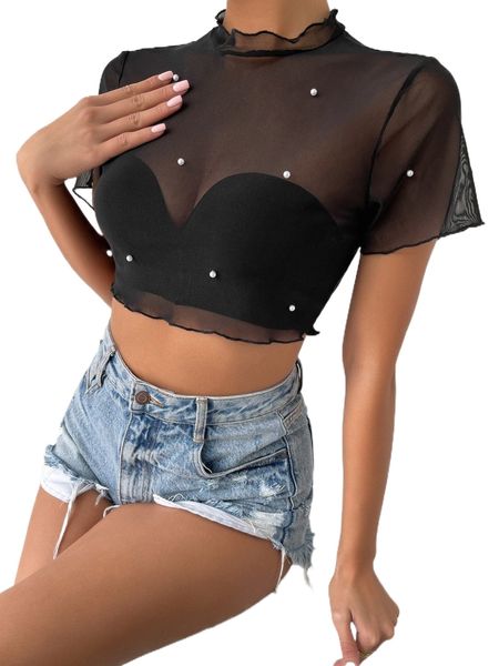 

lettuce trim pearls crop mesh without bra p36l#, White