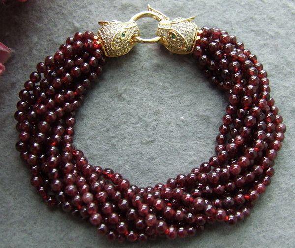 

10 strds natural 4mm garnet round bracelet-zircon clasp, Silver