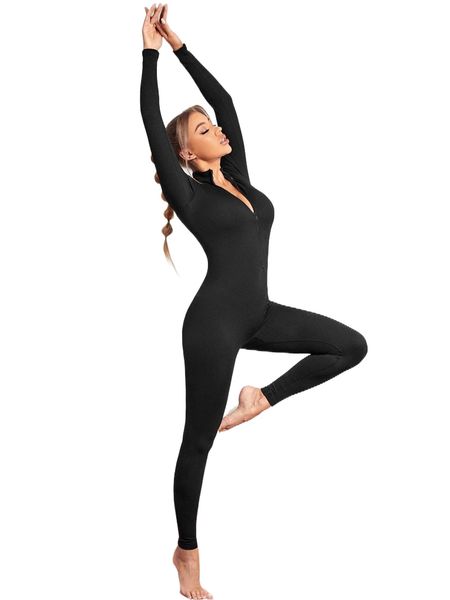 

zipper front solid sports jumpsuit p8fe#, Gray