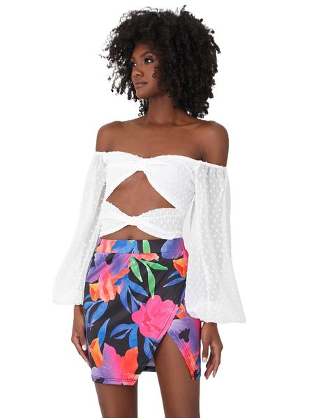 

newness swiss dot off shoulder lantern sleeve cut out chiffon bodysuit x5jt#, White