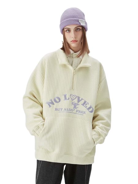

slogan embroidery zipper front waffle knit sweatshirt d92w#, Black