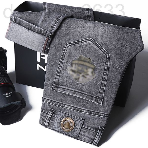 

men's jeans designer fashion brand autumn slim fit medusa smoke gray elastic long casual pants df7k, Blue