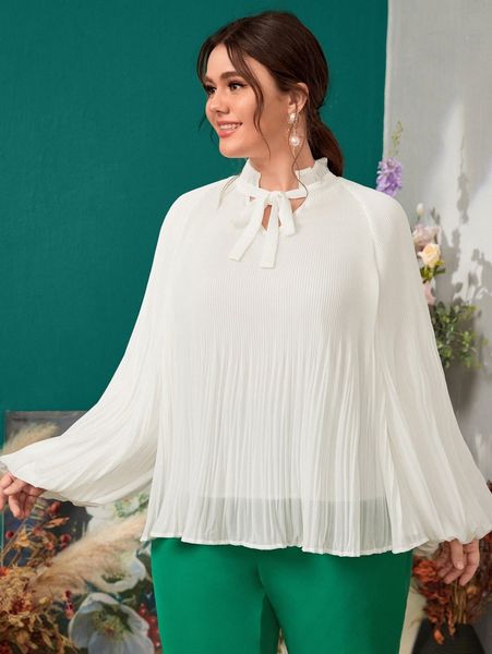 

plus tie neck lantern sleeve plisse blouse 94qc#, Black