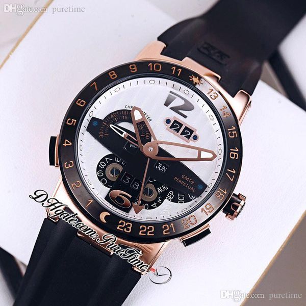 

executive el toro perpetual calendar gmt automatic mens watch 326-00-3/bq rose gold black bezel white silver dial rubber strap limited editi, Slivery;brown