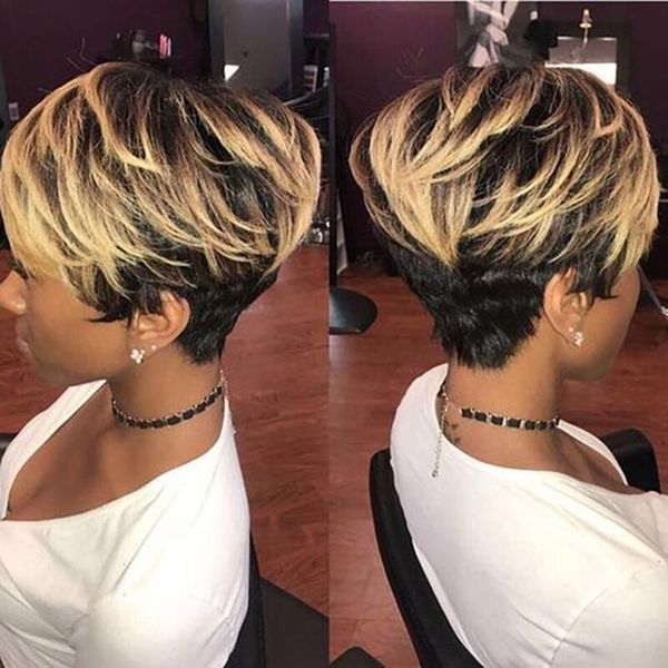 

short bob pixie cut wig machine made human hair wigs with bangs for black women straight indian virgin none lace wig, Black;brown
