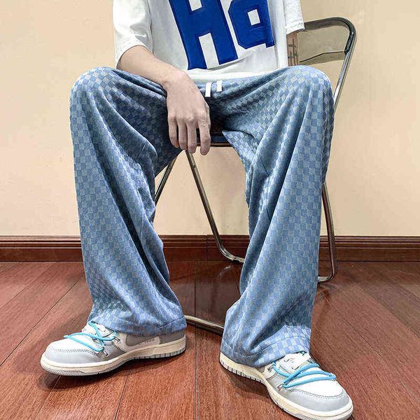 

summer 4-color pleated pants men fashion casual wide-leg ice silk pants mens japanese streetwear loose plaid pants mens trousers t220730, Black