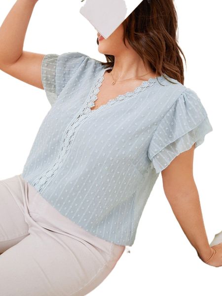 

plus swiss dot contrast lace blouse 41dg#, Black