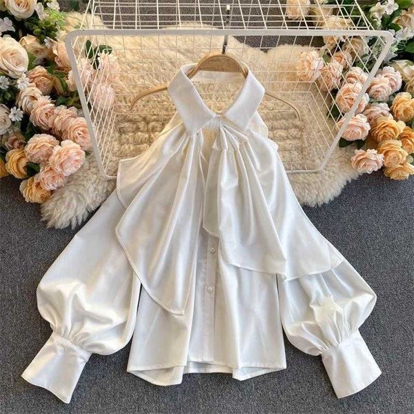 

deat women scheming open back long puff sleeve halter shirt solid color short fashion spring summer 11b159 210709, White