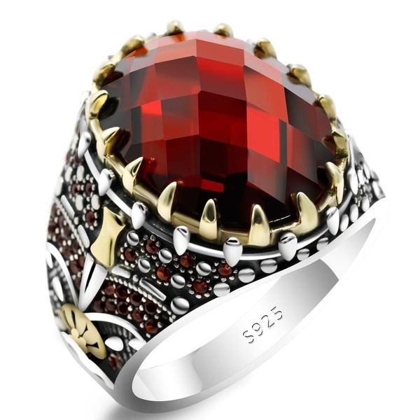 

cluster rings classic punk men's zircon ring 925 sterling silver dagger turkish husband jewelry gift, Golden;silver