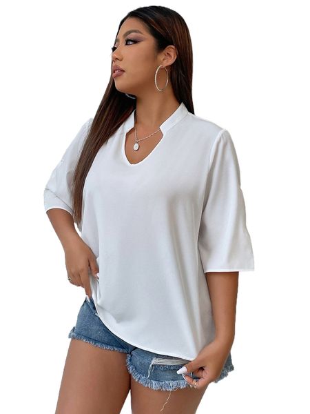 

plus notched neckline roll tap sleeve blouse v3fy#, Black