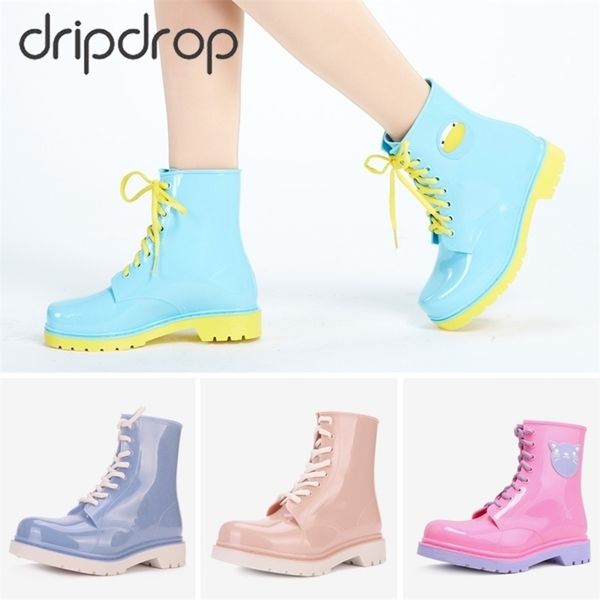 

women rain boots waterproof short shoes women martin boots cartoon appliques with lace up casual shoes ankle boots pvc 201104, Black