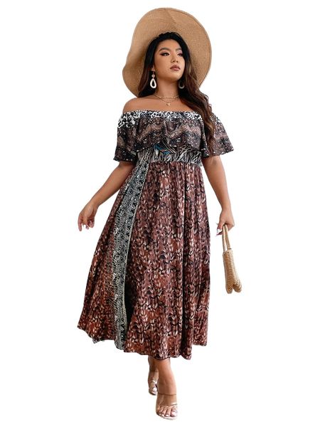 

plus allover print off shoulder a-line dress c6aa#, Black