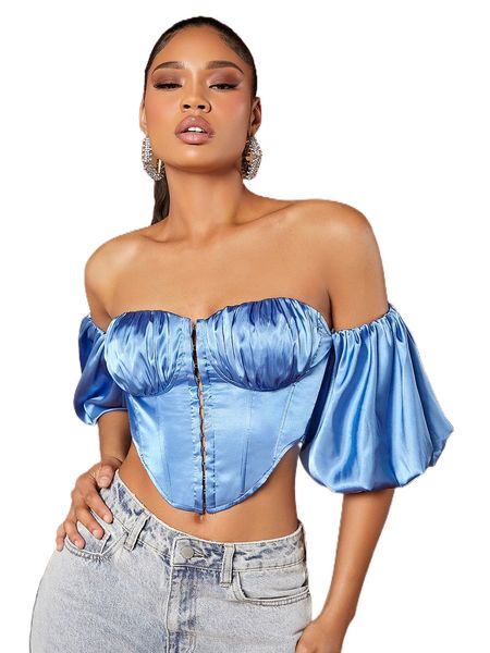 

bae off shoulder ruched bust hook and eye crop blouse 107u#, White