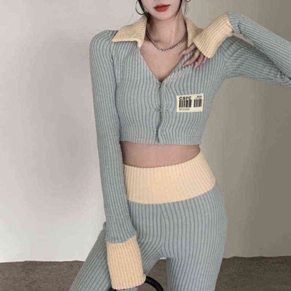 

korean fashion simple casual two piece tracksuit women crop pants suits autumn winter 2 piece pants sets trousers suits t220729, Gray