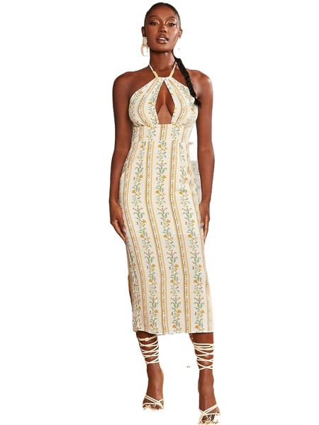 

floral print cut out split tie back halter dress c1ha#, Black;gray