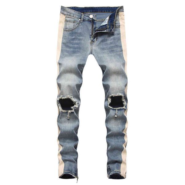 

men's jeans men's jeans with white stripe, big damage to knee, worn-out slim side zipper and small leg n15u, Blue