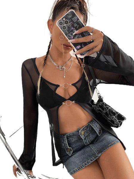 

backless o-ring chain split hem sheer mesh without bra b0b6#, White