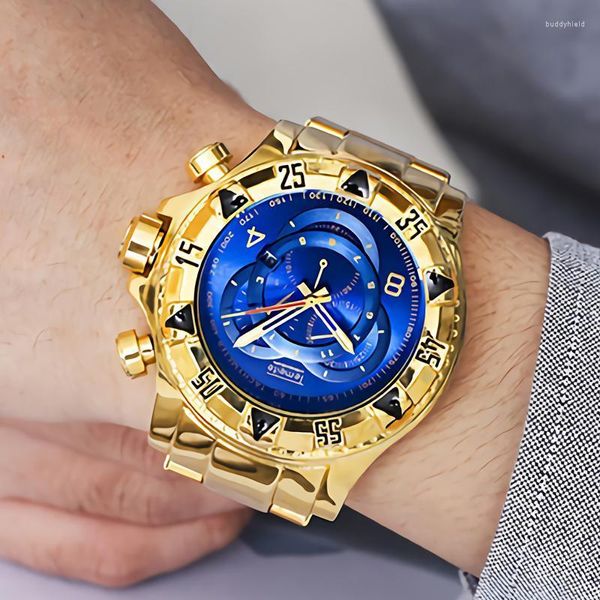 Avanadores de pulso Temeite Golden Watch Men Big Dial Dial Gold Waterproof Business Wrist Relogio Masculino 2022