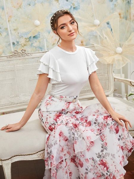 

flounce sleeve pearls beaded trim rib-knit tee e590#, White