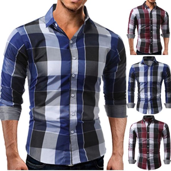 Camisas casuais masculinas com manga comprida xadrez xadrez checado com bolso slim fit