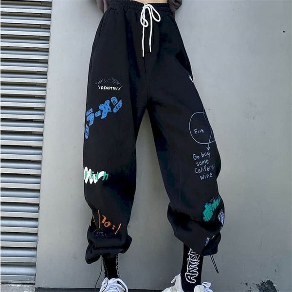 

plus size sweatpants hip hop spring loose-fitting feet streetwear wide-leg pants casual graffiti printing sports trousers 220330, Black