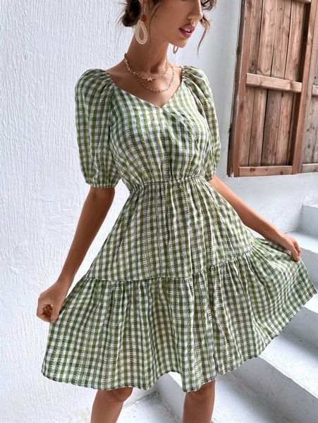 

gingham print puff sleeve ruffle hem dress 36us#, Black;gray
