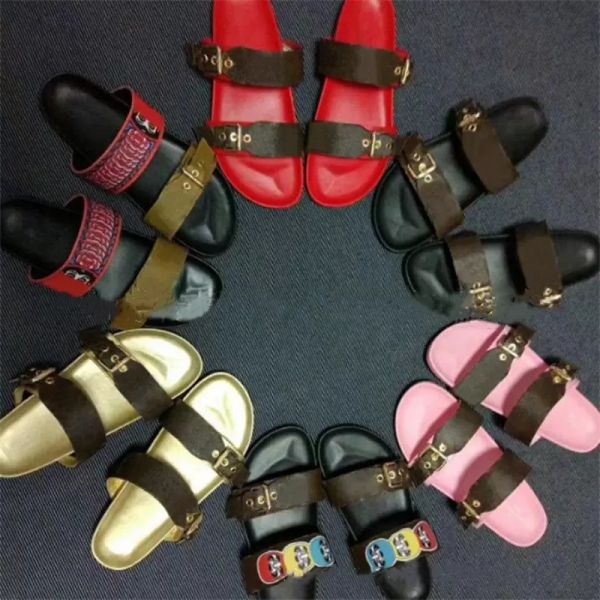 

fashion-women men sandal luxury designer lady gentlemen colorful canvas letter anatomic leather slide 6 style model size 35-42, Black