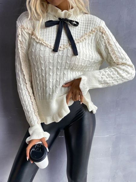 

lace frilled flounce sleeve tie front cable knit sweater e86d#, White;black