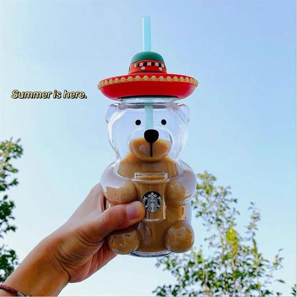 

500ml- 600ml starbucks bear mugs with straw latin american style cute shaped glass cold drink cup251q