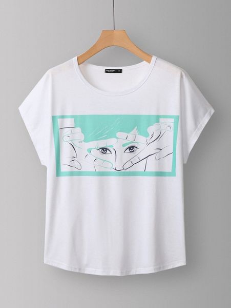 

plus cartoon figure graphic batwing sleeve tee x3he#, Black