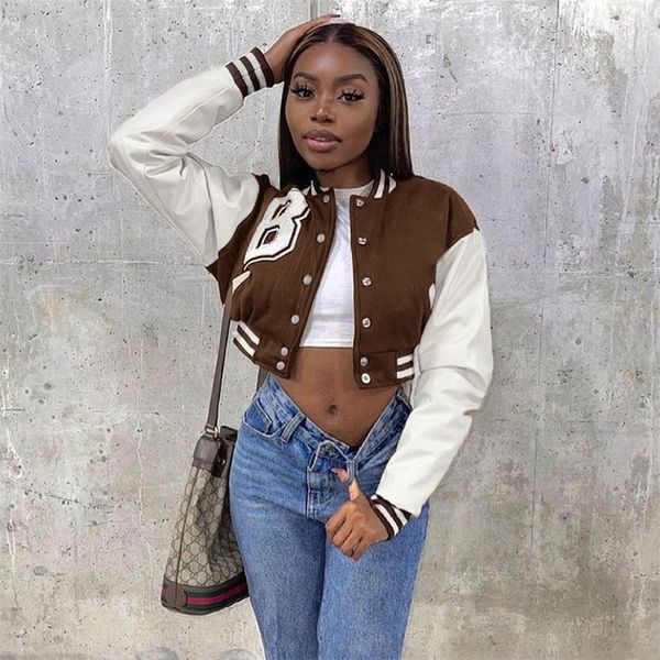 FQLWL Brown Baseball Mode fallen für Frauen Patchwork Button Black Crop Top Jackets RED CARSITY BOMBER JACK 220726