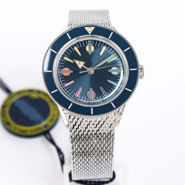 

gf factory retro diving watch automatic machine movement 42 mm diameter ceramic bezel mesh strap sapphire crystal glass, Slivery;brown