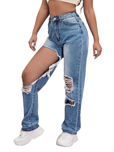 

sxy high waist ripped jeans k1ko#, Blue