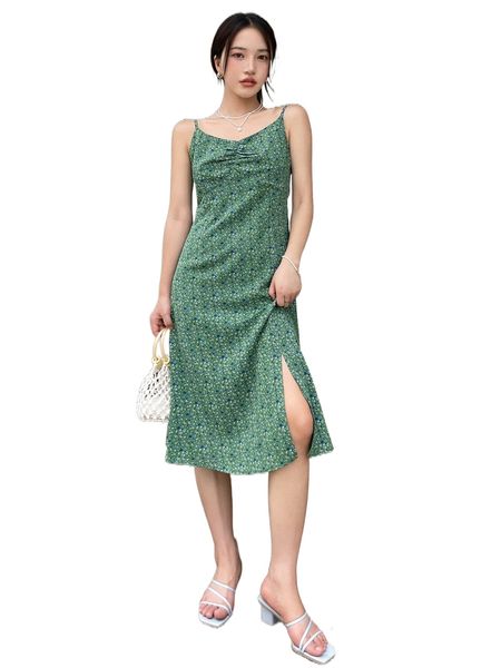 

dazy ditsy floral ruched split hem cami dress c3jo#, Black;gray