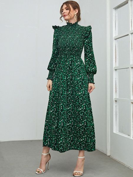 

leopard print shirred ruffle trim bishop sleeve dress s6td#, Black;gray