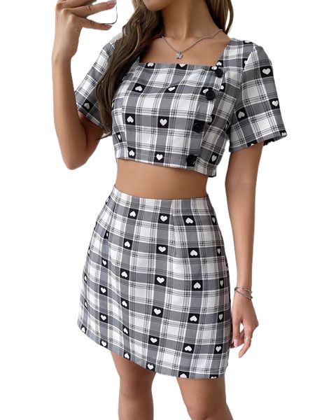 

heart & plaid print square neck crop & skirt h8zn#, White