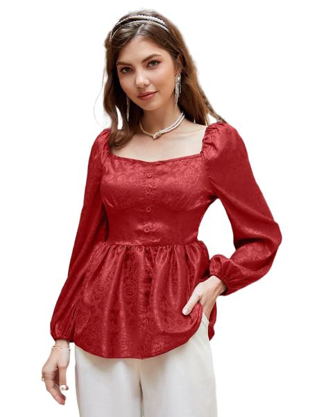 

floral jacquard lantern sleeve sweetheart neck peplum hem satin blouse u3tj#, White