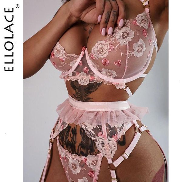 

erotic lingerie lace sensual underwear set floral transparent brief sets 3 piece push up underwire bra and panty, Red;black