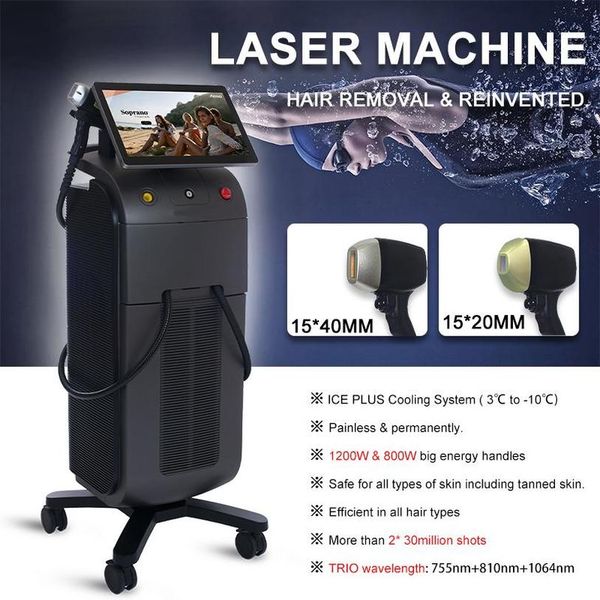 

2022 ice platinum diode laser hair removal 3waves 15.6 inch android system 600-2000w high power, Black