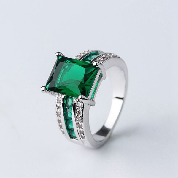 

square cut women ring with green cubic zircon 18k white gold filled wedding party lady girl jewelry gift size 8, Golden;silver