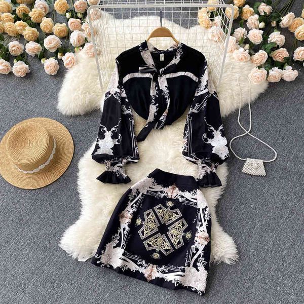 

two piece dress celebrity temperament printed long sleeve bow tie shirt women's high waist hip skirt slim fashion suit q7ro, White