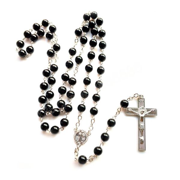 

catholic vintage acrylic beads black rosary necklace jesuse cross religious jewelry for men women, Silver