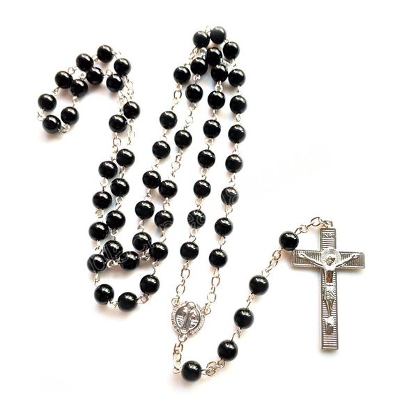 Católico Vintage Acrílico Grânulos Preto Rosário Colar Jesuse Cross Jóias religiosas para homens mulheres