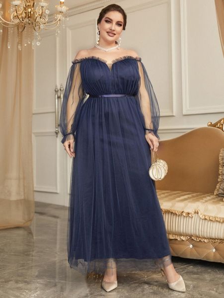 

plus frill trim off shoulder flounce sleeve mesh dress 75px#, Black