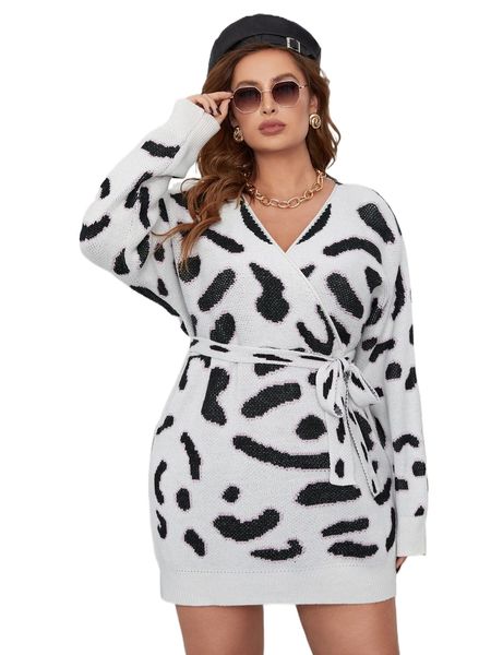 

plus graphic pattern batwing sleeve belted sweater dress n6tc#, Black