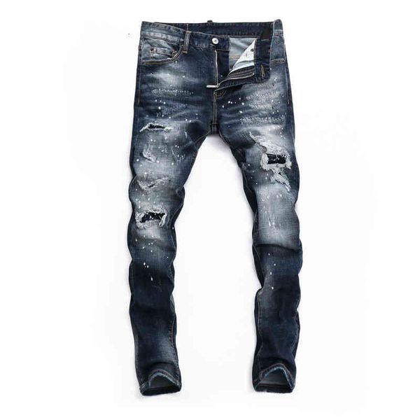 

men's jeans fashionable high-end men's jeans with holes paint dots water wash micro elastic slim fit small feet fashion brand casu, Blue