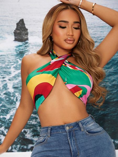 

sxy graphic print cross wrap tie backless halter n3mh#, White