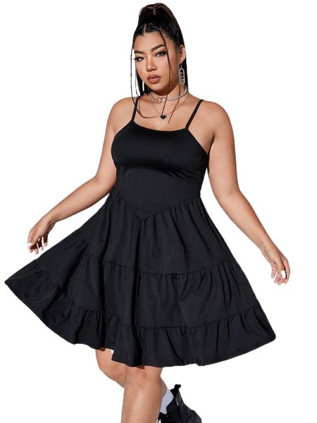 

plus ruffle hem cami dress p7pg#, Black