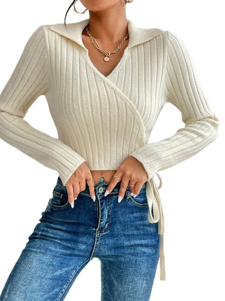 

ribbed knit wrap knot side crop cardigan q4gw#, White;black